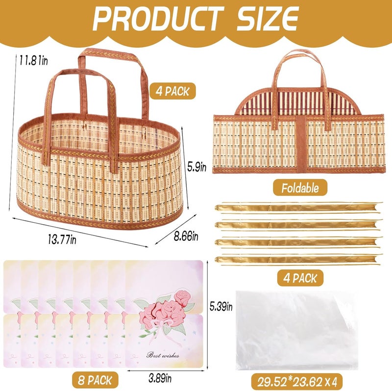 Wenceda 4 Set Baskets for Gifts Empty, Large Gift Empty Bamboo Basket with Handles, Foldable Woven Gift Basket with Wrap Bag/Card/Bow, Sturdy Gift Baskets for Baby Baptisms, Birthday, Christmas, Housewarming - Image 2